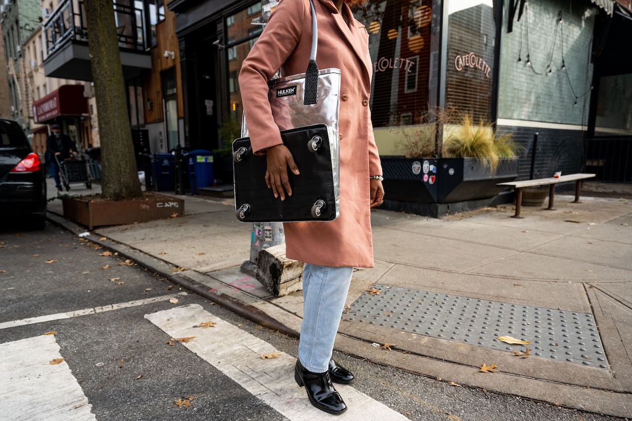 Silver Hulken folded hanging on the shoulder