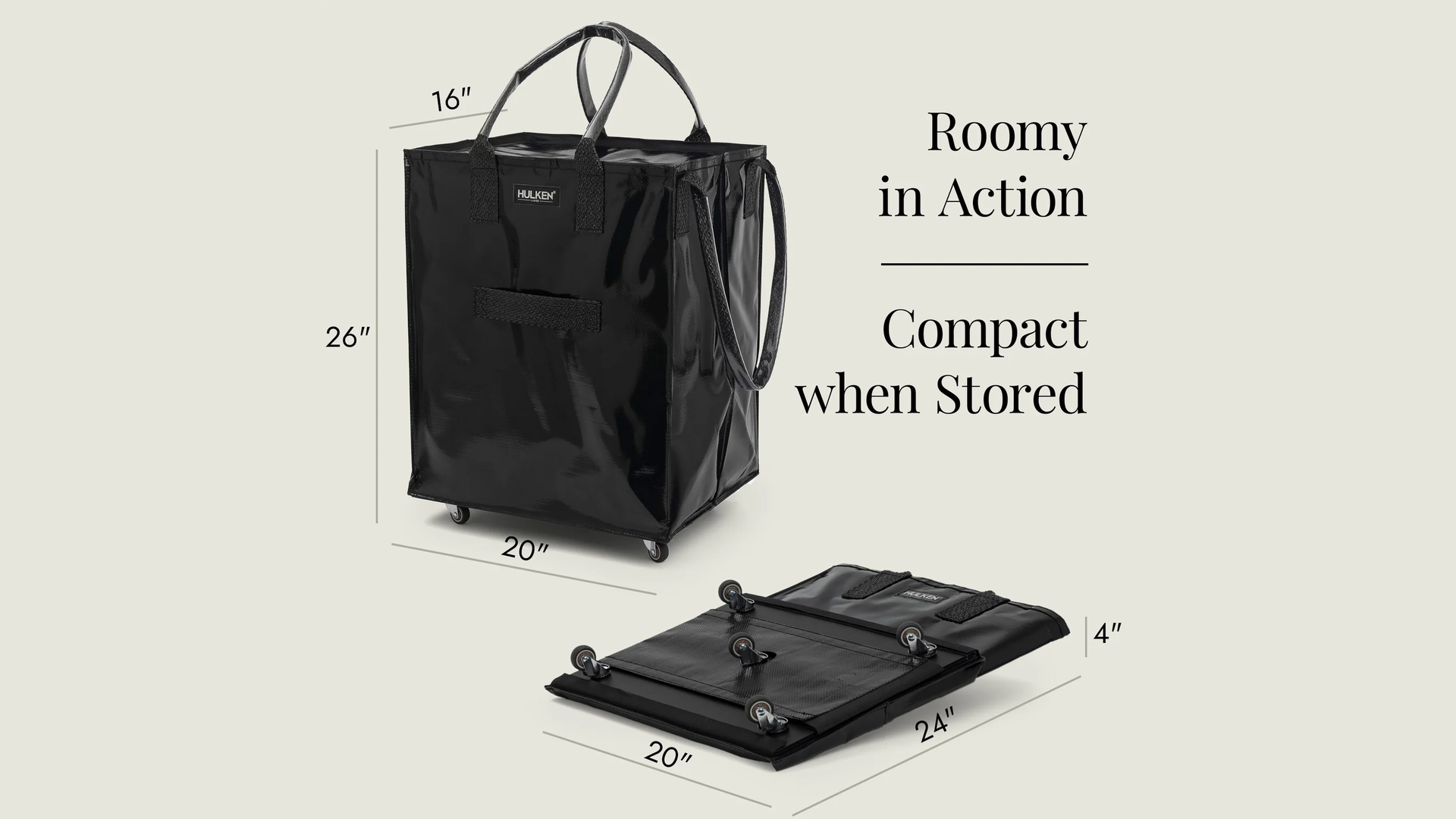 Black tote bag shown in expanded and folded states with measurements on a light gray background.
