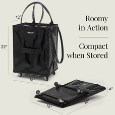 Black rolling tote with dimensions displayed on a white background