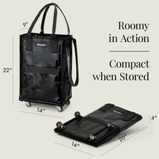 Black shopping tote with dimensions and 'Hulken' branding on a light gray background