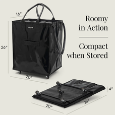 Black rolling bag with dimensions and text indicating its roomy size and compact storage.